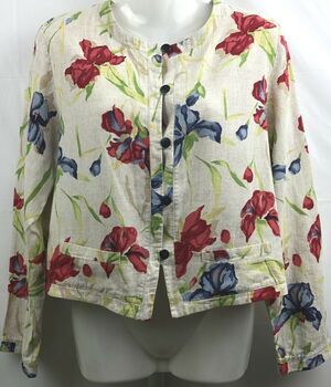 Ruff Hewn Top Women M Beige Floral Button Linen Blend Waist Length Blazer Style